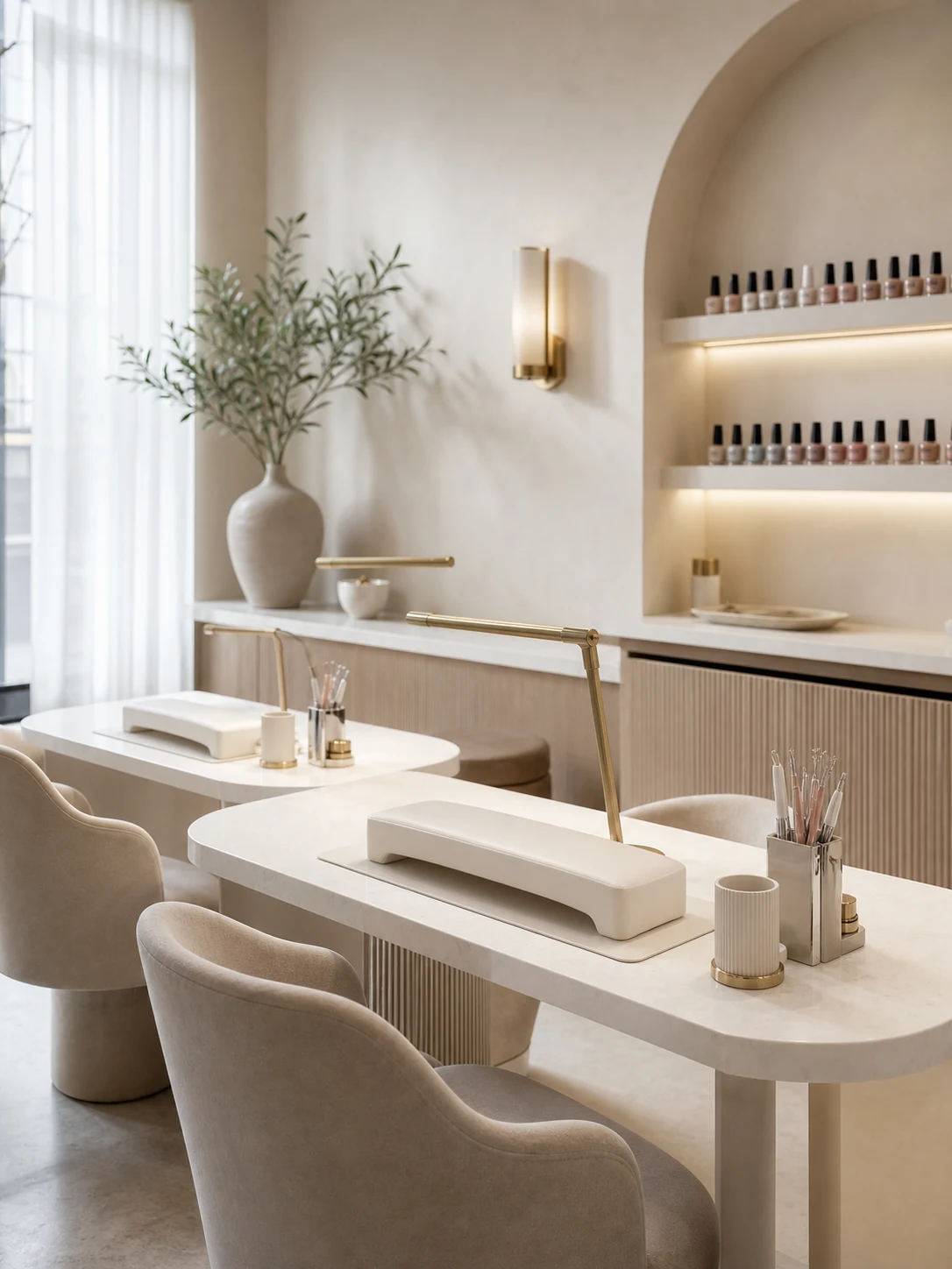 Bright cream manicure stations prepared for clients at Ongles Pro