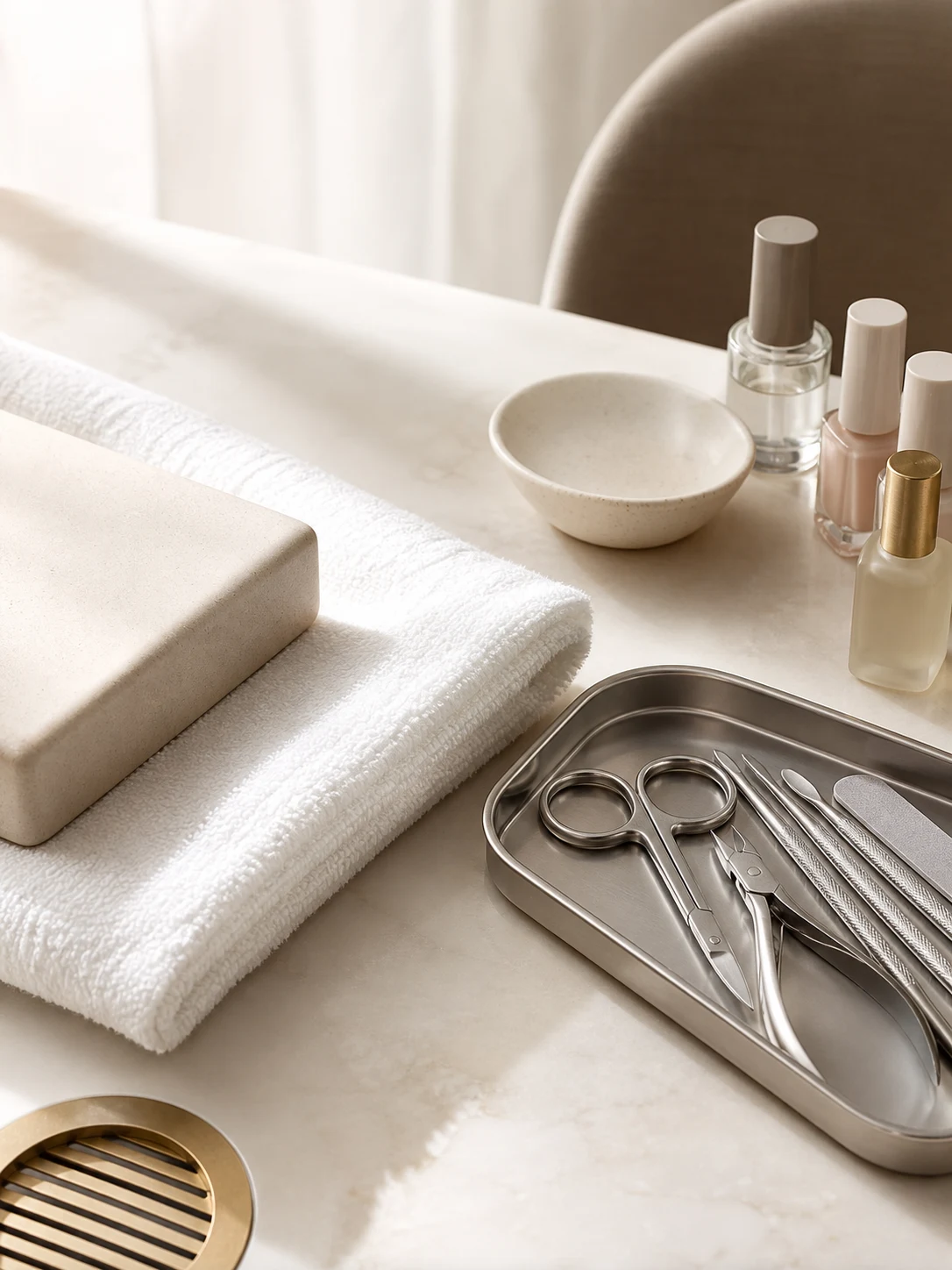 Fresh towel and sanitized manicure tools prepared for an Ongles Pro appointment