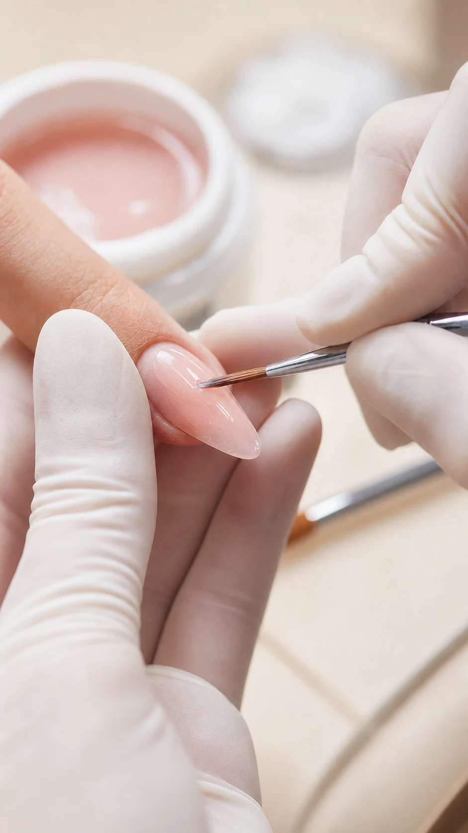 Builder gel applied with a precision brush to create a balanced nail structure