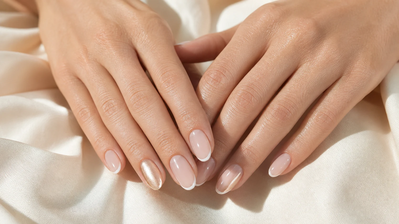 Finished glossy nude manicure with micro-French and champagne accents
